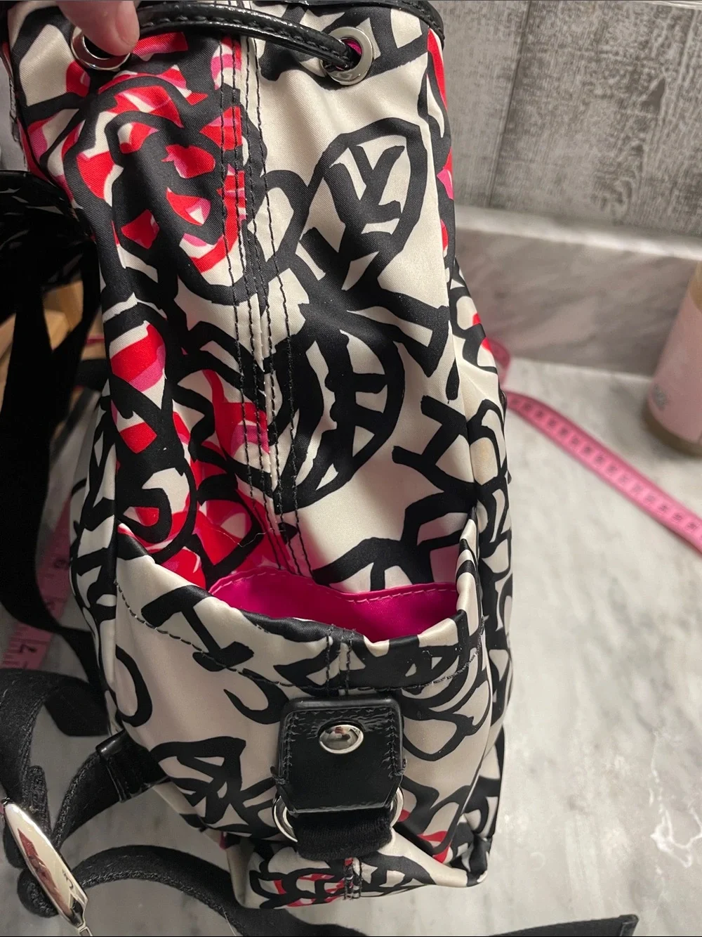 Coach Cream Floral Convertible Backpack with Black & Red Accents - Picture 10 of 12